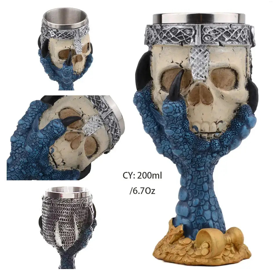 Antique gothic silver dragon king goblet with a silver celtic rim and blue scaly hand base by decorbites dragon king