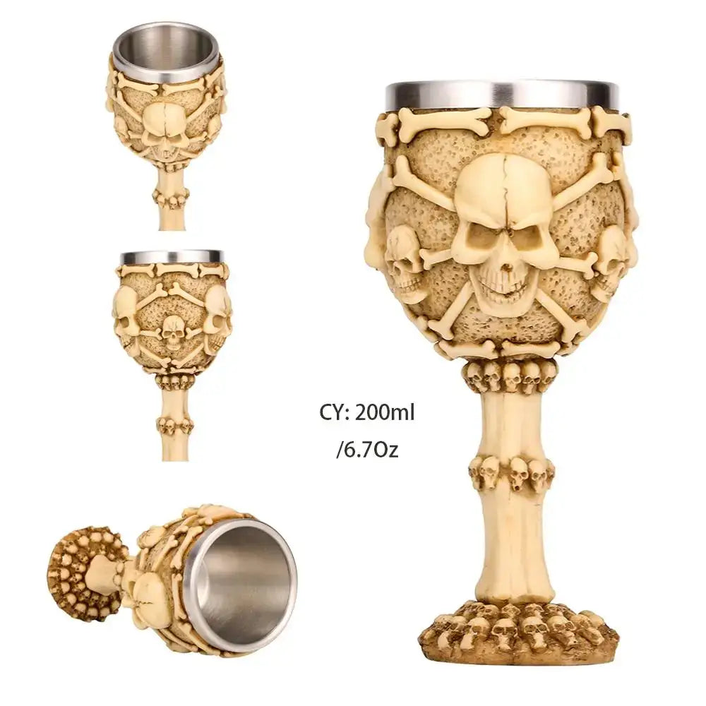 Antique gothic decorbites dragon king goblet beige skull and crossbones with stainless steel rim and intricate bone detailing