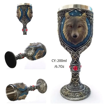 Antique gothic silver dragon king goblet with blue wolf face metalwork and red gemstones by decorbites dragon king