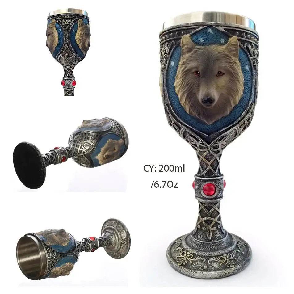 Antique gothic silver dragon king goblet with blue wolf face metalwork and red gemstones by decorbites dragon king