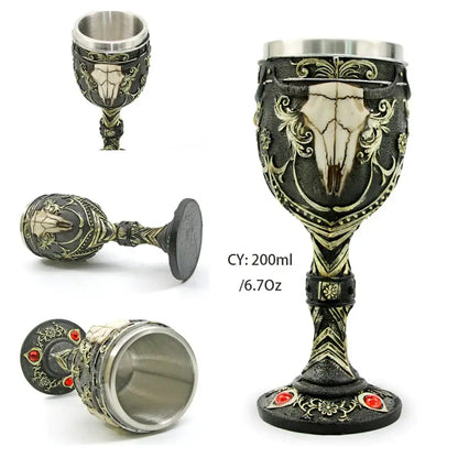 Antique gothic silver dragon king goblet with ornate black and gold skull design, red gemstones, and stainless steel interior decorbites dragon king