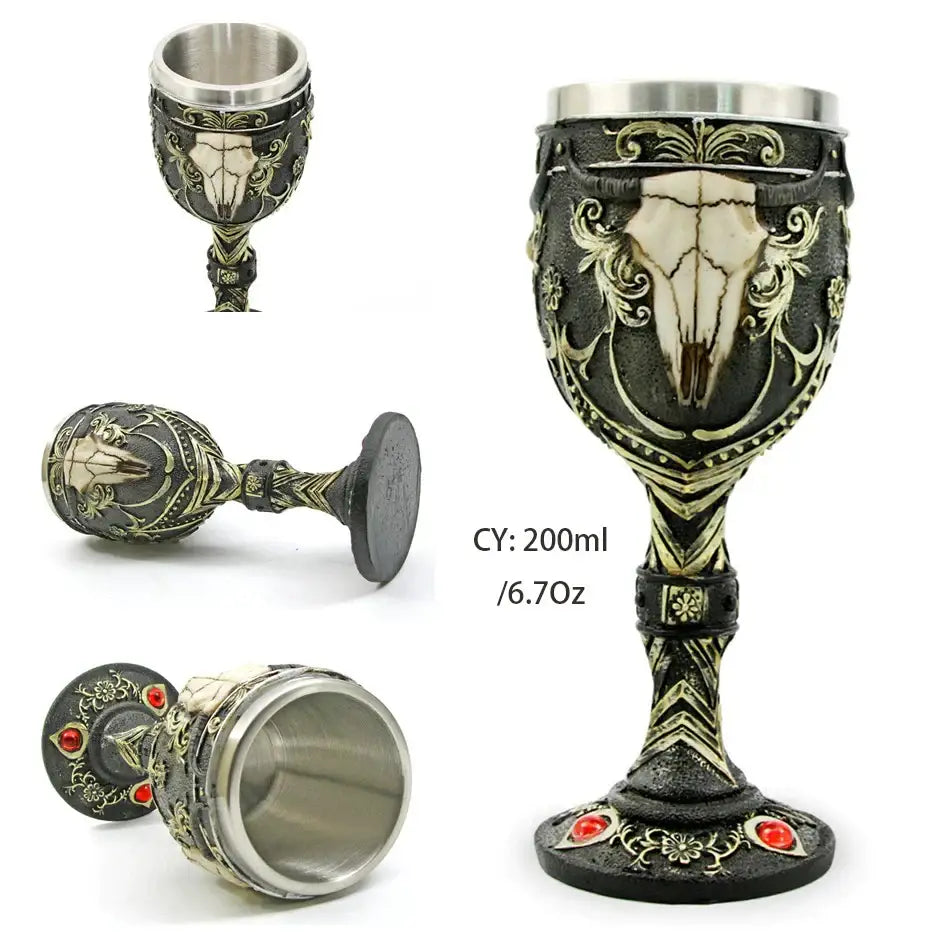 Antique gothic silver dragon king goblet with ornate black and gold skull design, red gemstones, and stainless steel interior decorbites dragon king