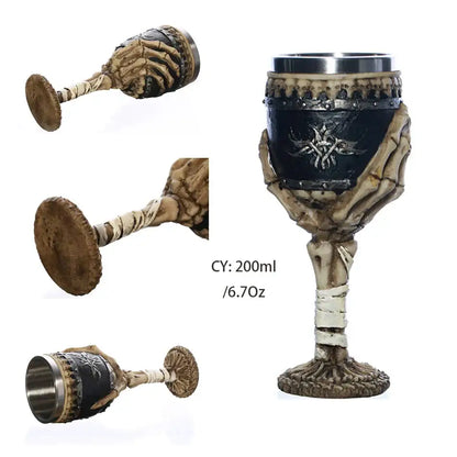 Antique gothic silver dragon king goblet with a dark metallic skeletal hand design and ornate black band by decorbites dragon king