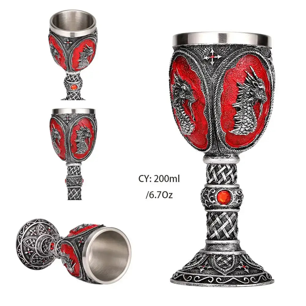 Antique gothic silver dragon king goblet with red accents and intricate celtic knotwork decorbites dragon king design