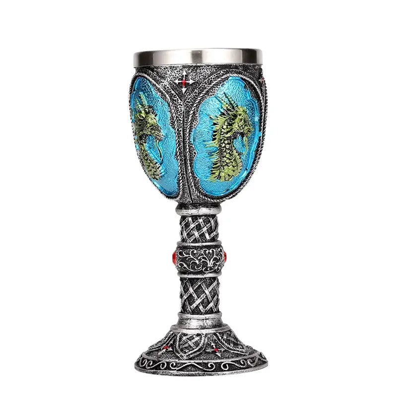 Antique gothic silver dragon king goblet with ornate celtic knotwork and turquoise dragon king panels by decorbites dragon king