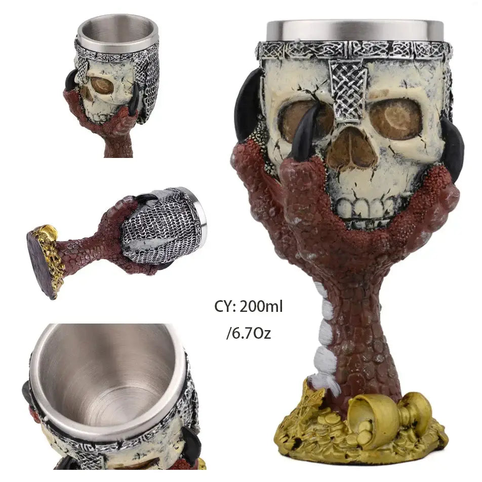 Antique gothic silver dragon king goblet with detailed skull design metallic rim and dragon king decorbites chainmail accents