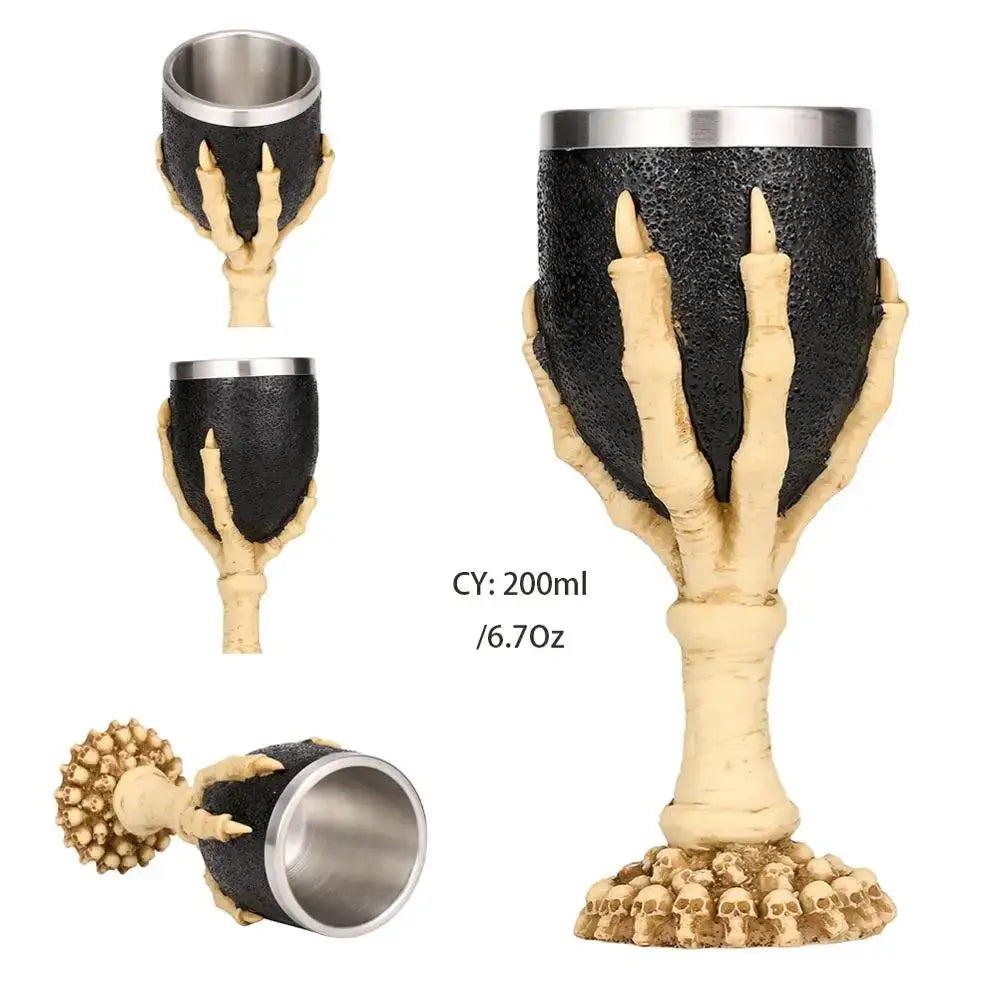 Antique gothic dragon king goblet with black and beige skeleton hand design and skull base stainless steel rim decorbites dragon king