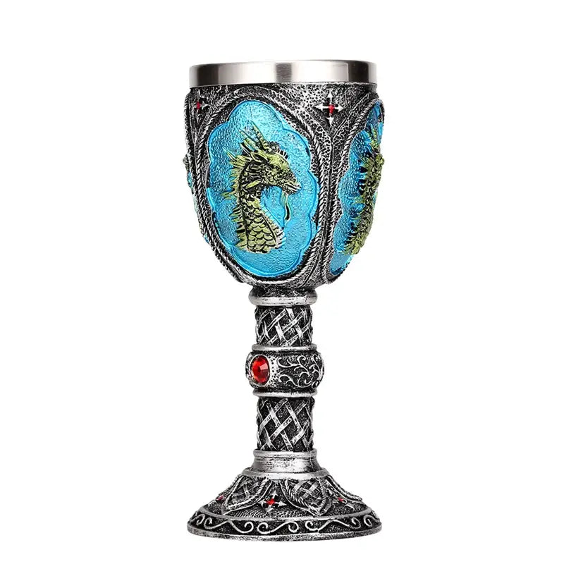 Silver-toned antique gothic dragon king goblet with intricate celtic knotwork and turquoise dragon inlays by decorbites dragon king