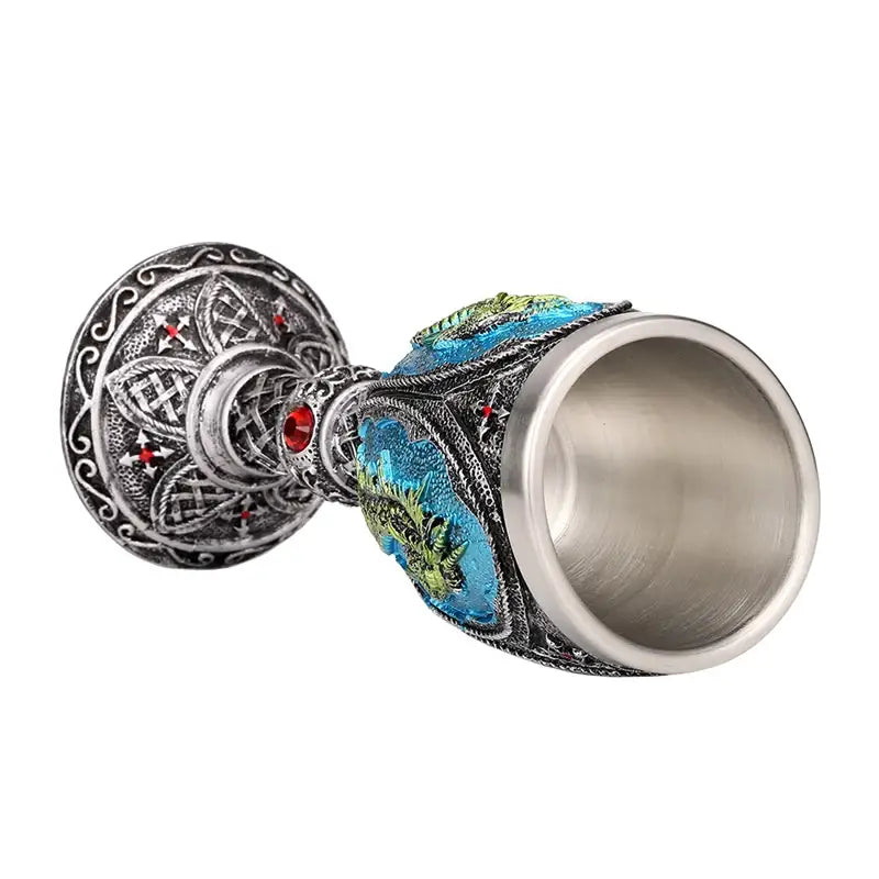 Antique gothic silver dragon king goblet with intricate engravings, turquoise enamel, and red gemstone accents for whiskey decorbites dragon king