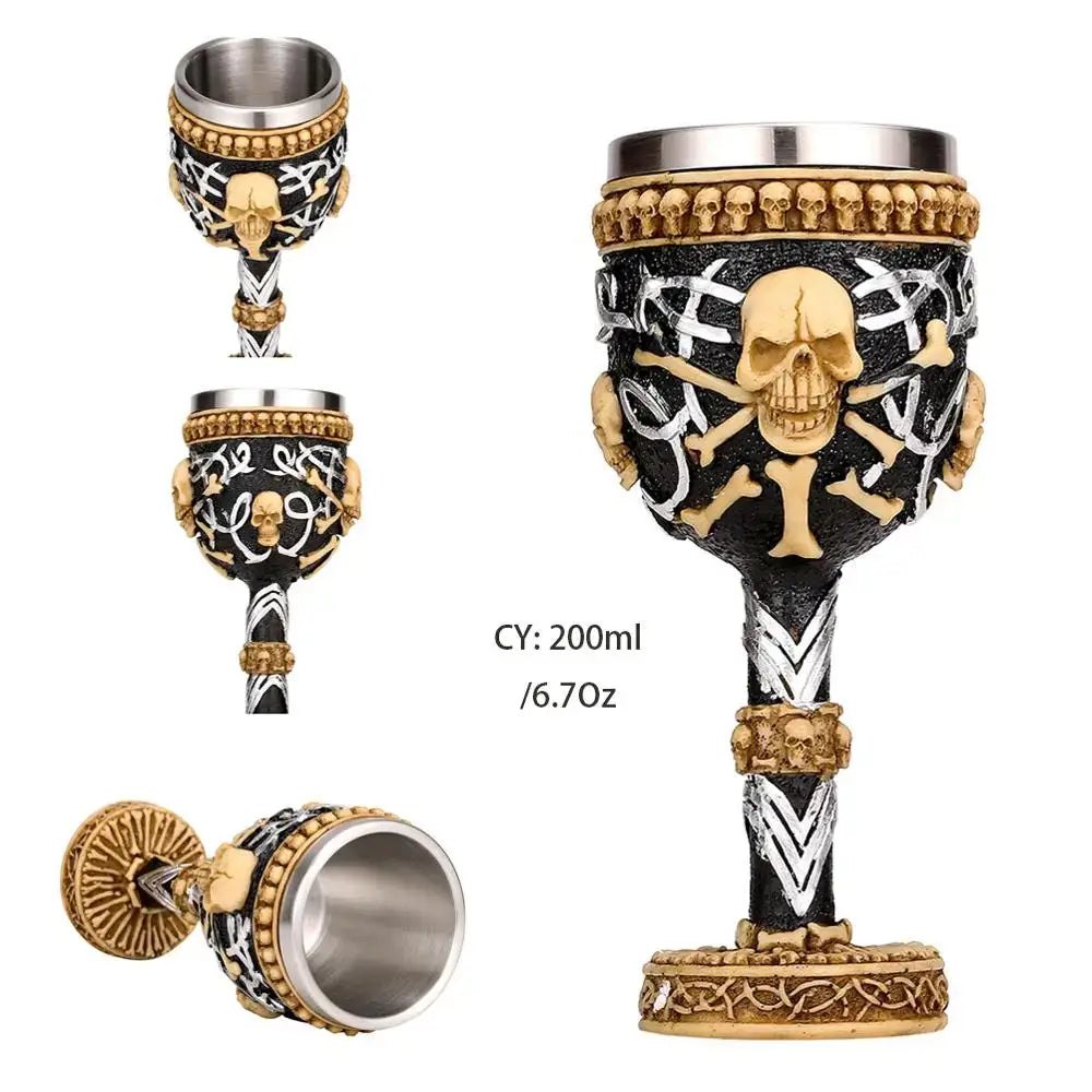 Antique gothic silver dragon king goblet with black and gold pirate design and ornate silver handle for whiskey decorbites dragon king