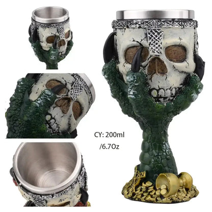 Antique gothic silver dragon king goblet featuring a white skull cup with green scaly dragon hands decorbites dragon king