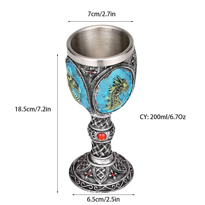 Antique gothic silver dragon king goblet with intricate celtic knotwork turquoise dragon motifs and red gemstone by decorbites dragon king