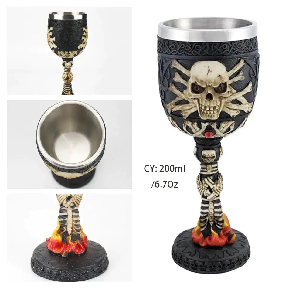Antique gothic black and beige skull and crossbones dragon king goblet with stainless steel rim handle and base for whiskey