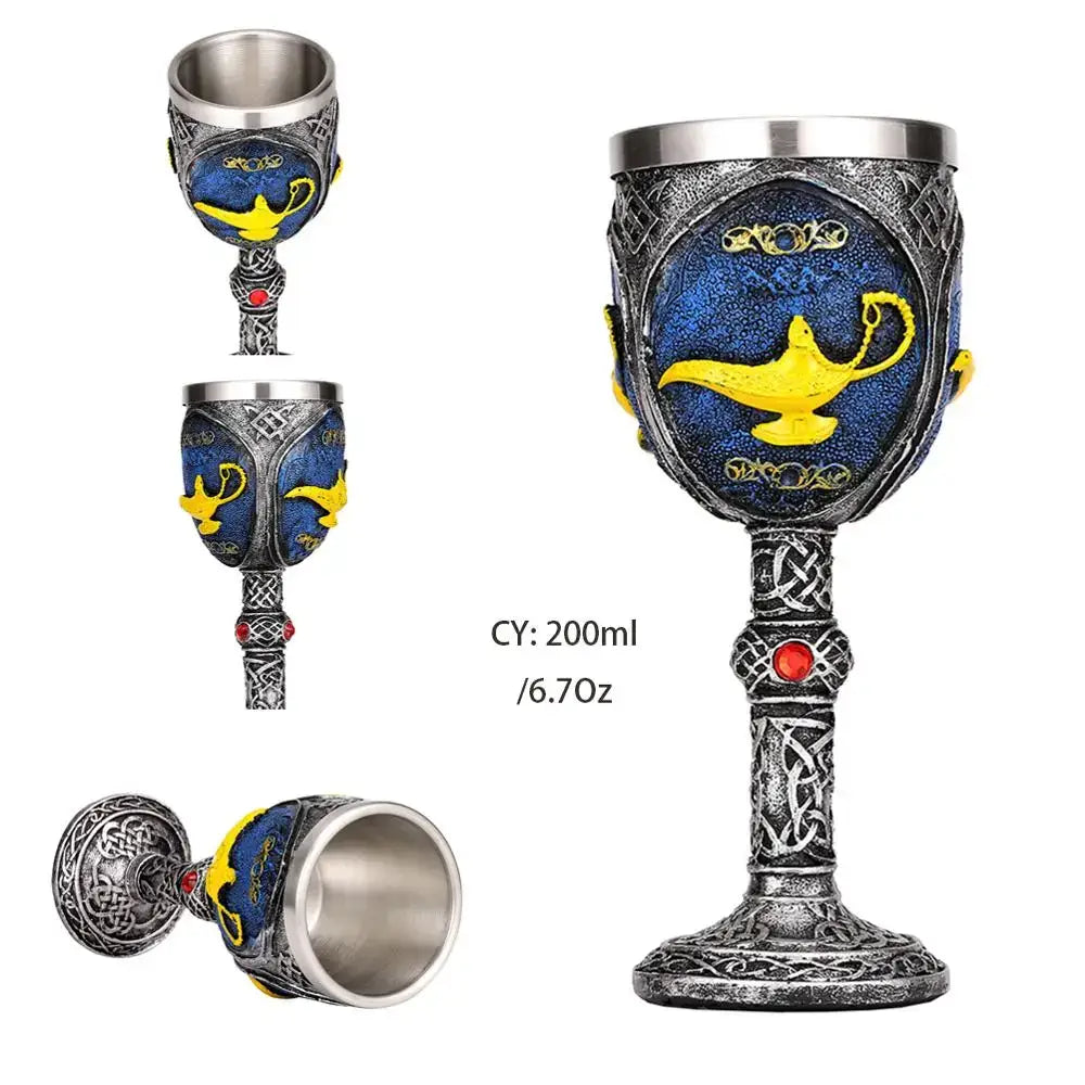 Antique gothic silver dragon king goblet with blue yellow aladdin lamp and intricate celtic knot decorbites dragon king design