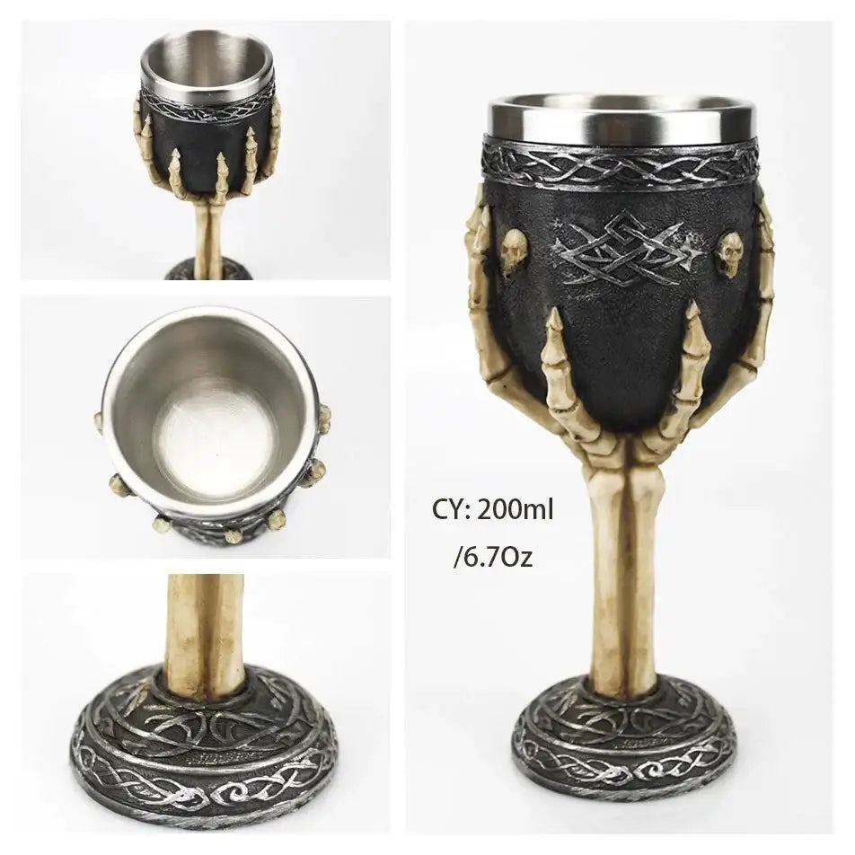 Black and gold skeleton-hand dragon king goblet with silver interior and celtic knot detailing for whiskey decorbites dragon king