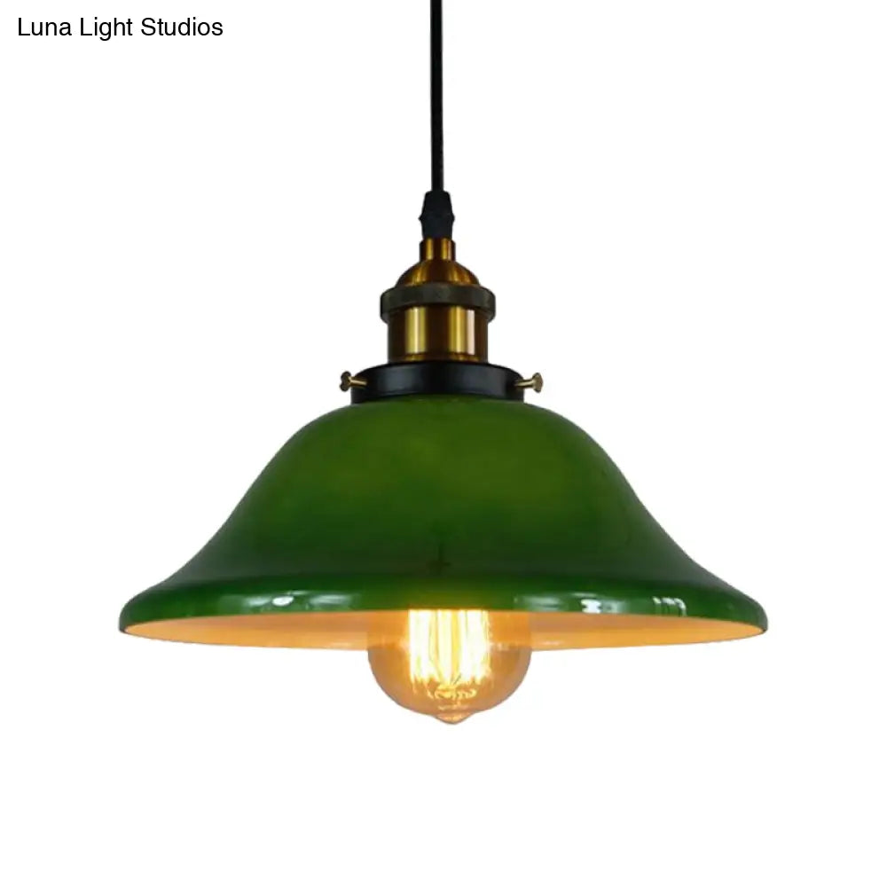 Antique Green Glass 1-Light Brass Pendant Fixture with Adjustable Pulley – Living Room Ceiling Hanging Light