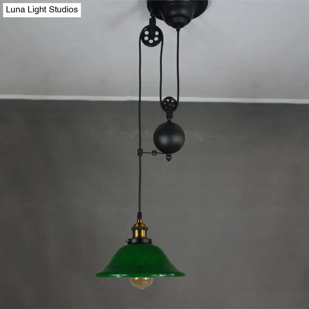 Antique Green Glass 1-Light Brass Pendant Fixture with Adjustable Pulley – Living Room Ceiling Hanging Light