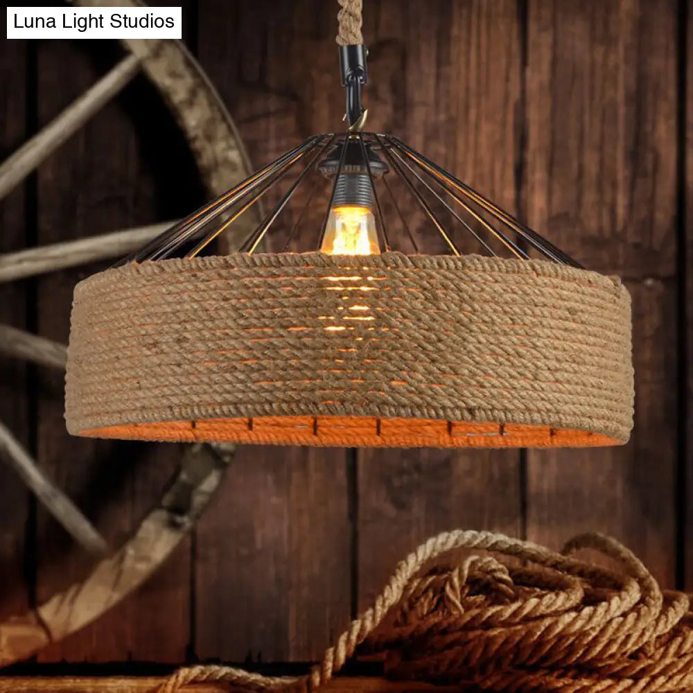 Antique Handmade Hemp Rope Drum Pendant Light - Flaxen Hanging Fixture