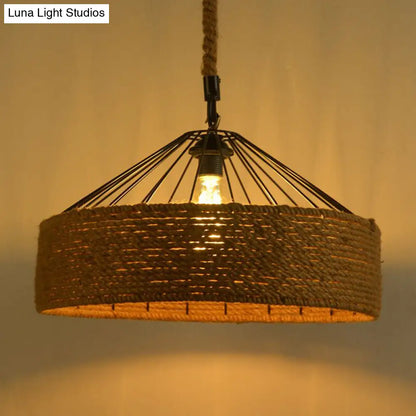 Antique Handmade Hemp Rope Drum Pendant Light - Flaxen Hanging Fixture