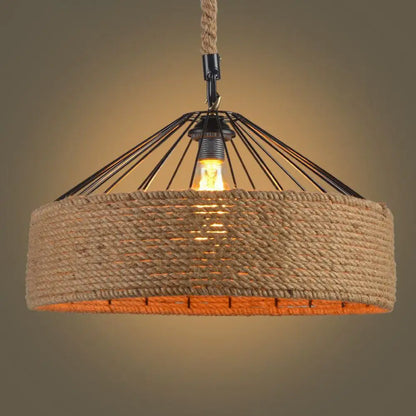 Antique Handmade Hemp Rope Drum Pendant Light - Flaxen Hanging Fixture