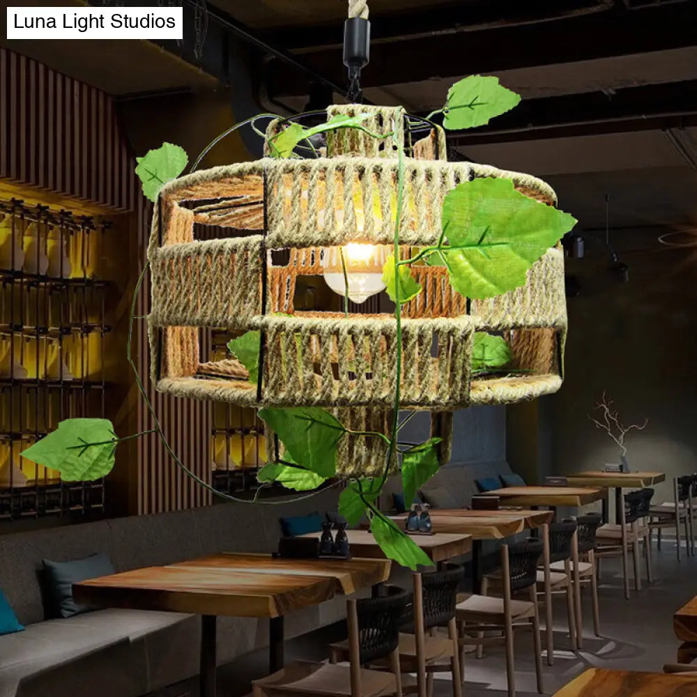 Antique Hemp Rope Lantern Restaurant Pendant Light with Ivy Décor - 1-Light Beige Hanging Fixture