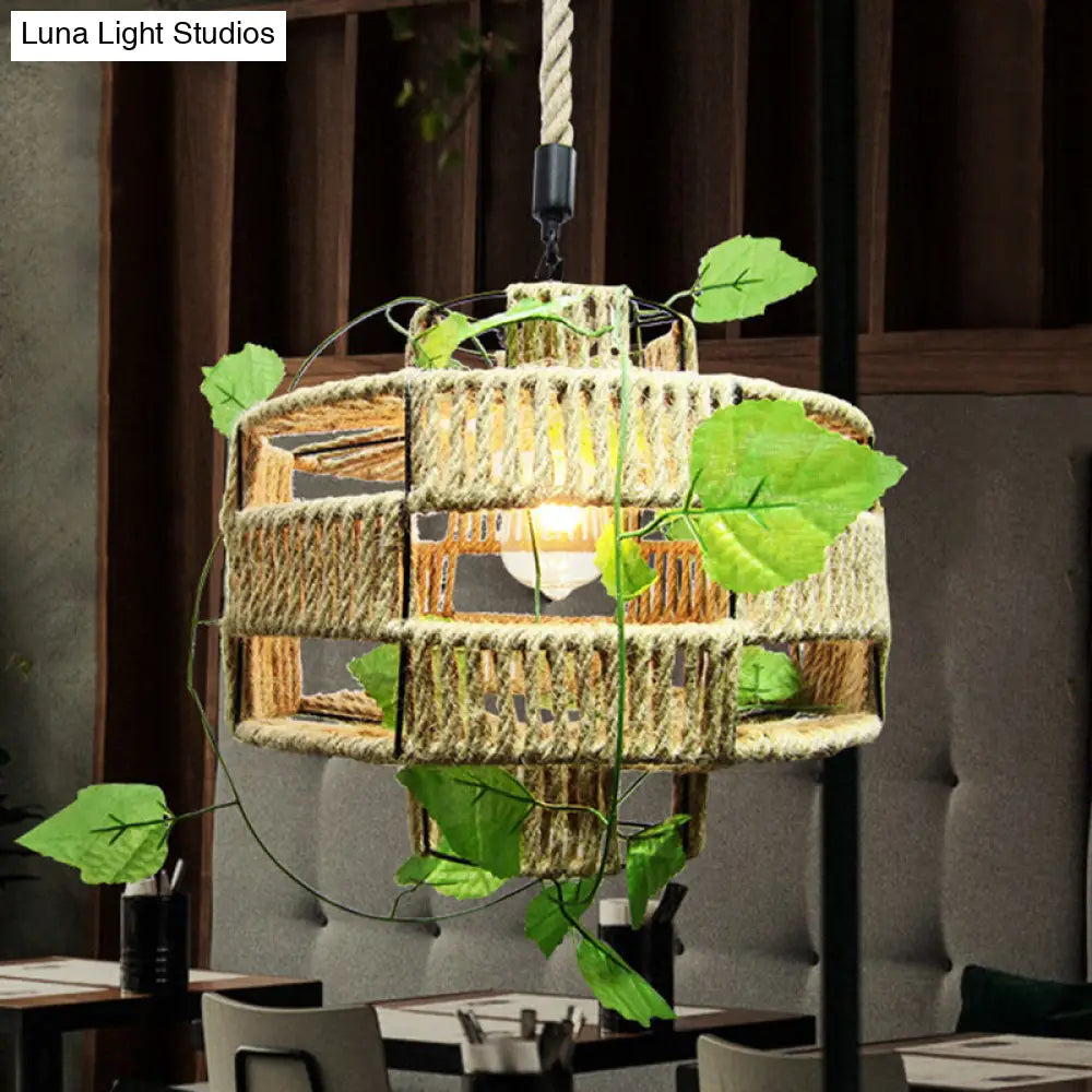 Antique Hemp Rope Lantern Restaurant Pendant Light with Ivy Décor - 1-Light Beige Hanging Fixture