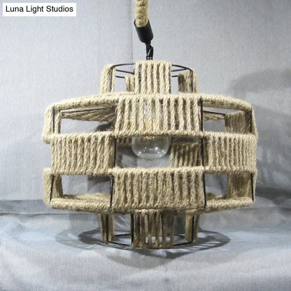 Antique Hemp Rope Lantern Restaurant Pendant Light with Ivy Décor - 1-Light Beige Hanging Fixture