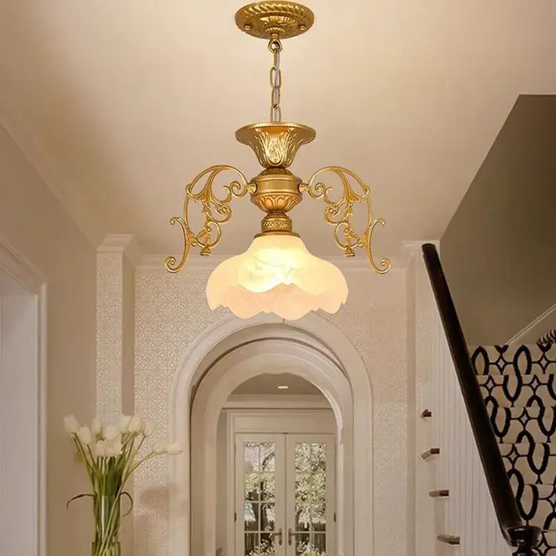 Golden ornate chandelier with frosted glass shade in antique industrial black and gold loft chandelier for decorbites industrial loft