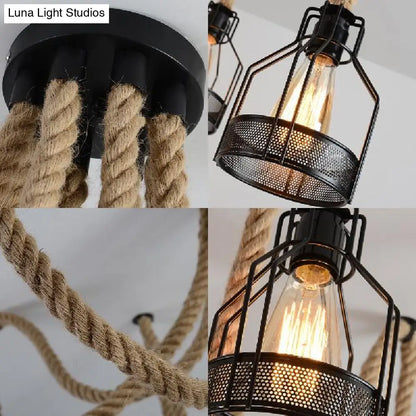 Antique Iron & Hemp Rope Swag Ceiling Fixture: Black Wire Cage Shade, 8 Bulbs - Restaurant Hanging Light