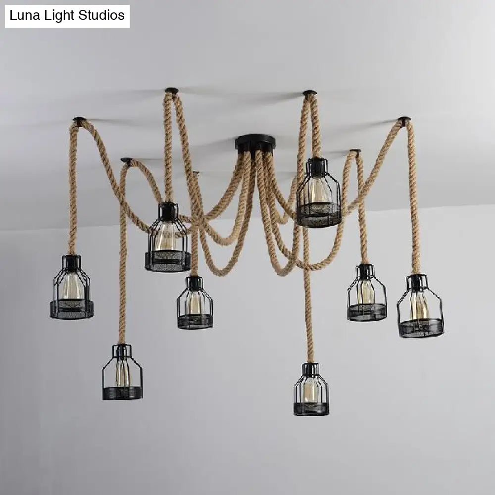 Antique Iron & Hemp Rope Swag Ceiling Fixture: Black Wire Cage Shade, 8 Bulbs - Restaurant Hanging Light