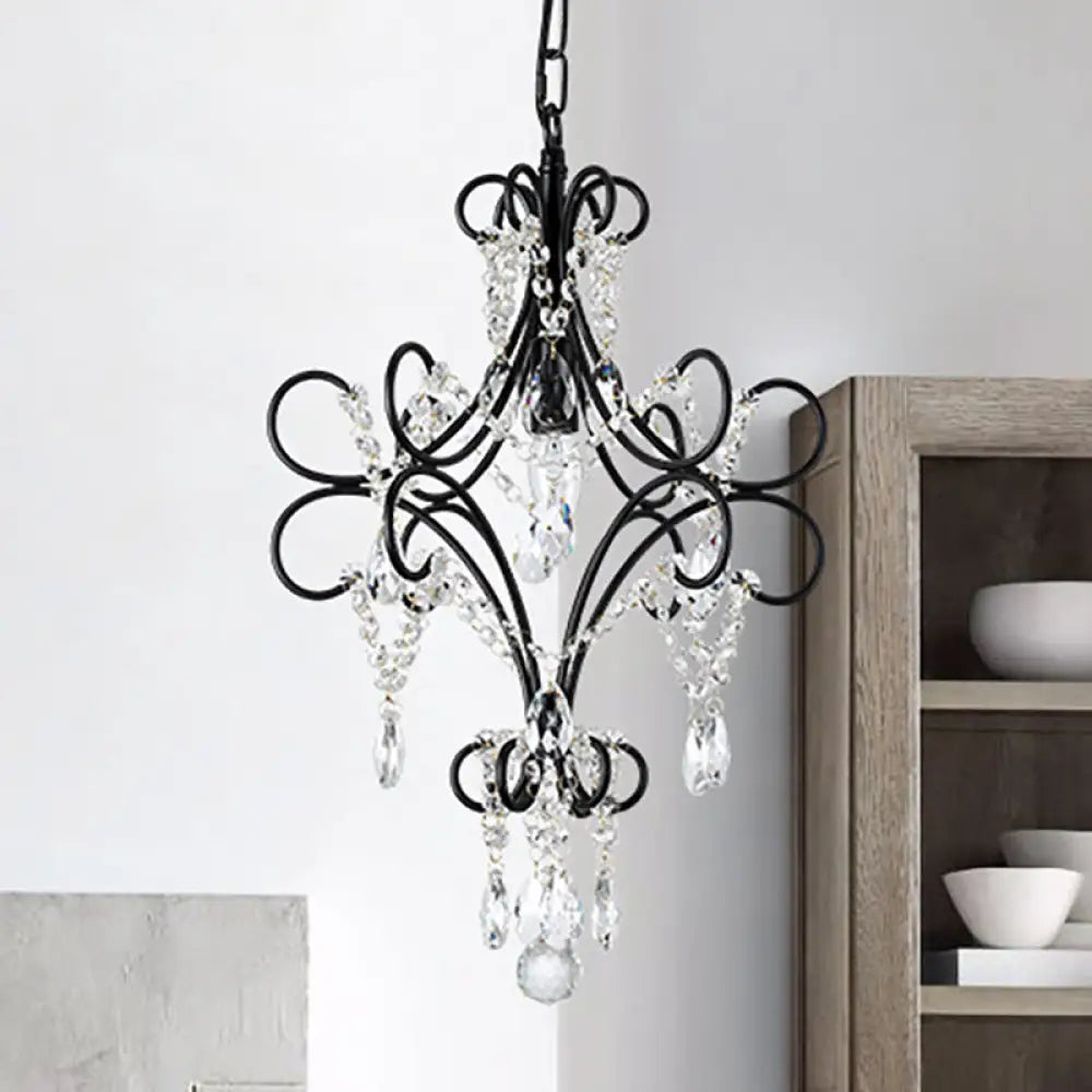 Antique Iron Pendant Light with Black Curve Arm and Crystal Accent - 1 Light Ceiling Fixture