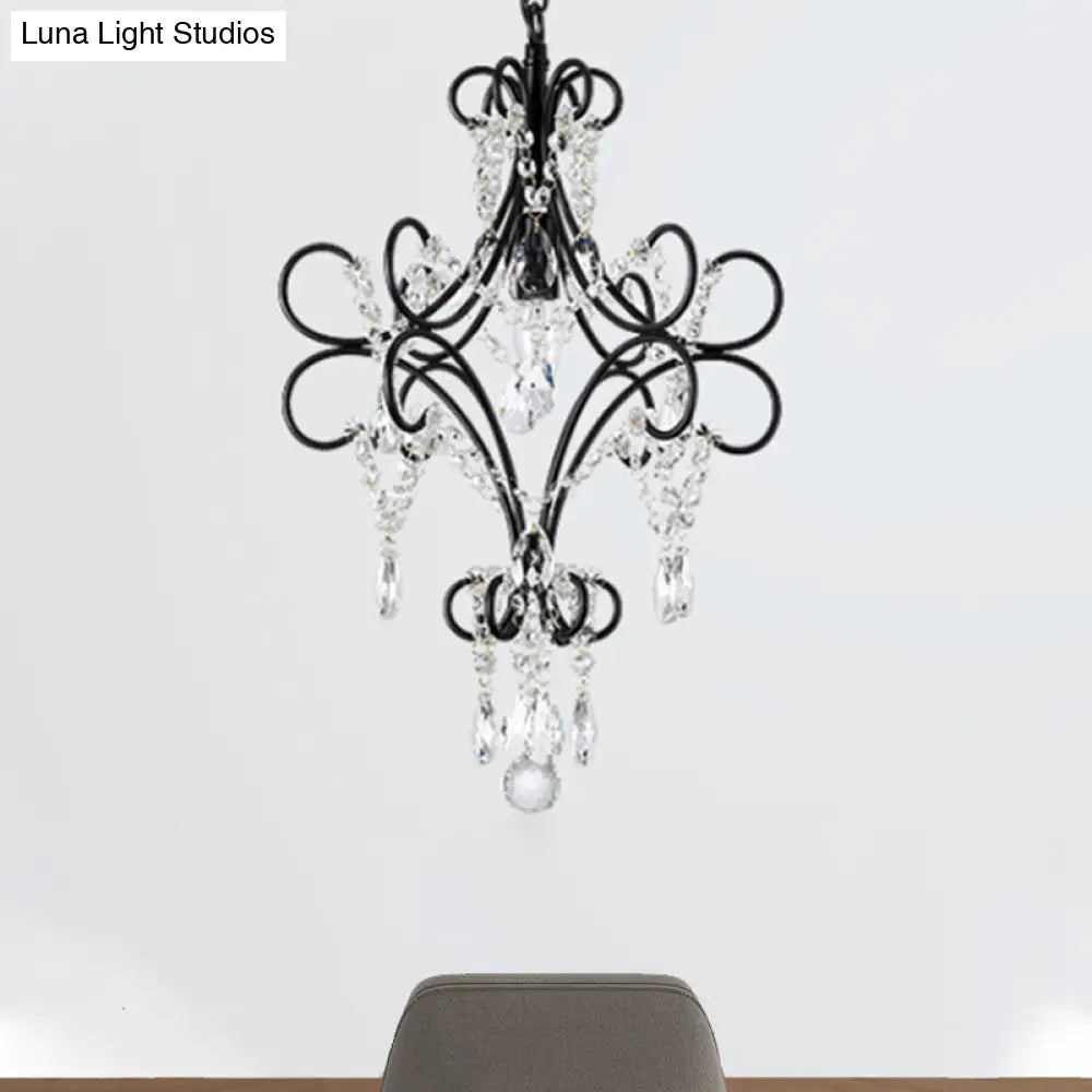 Antique Iron Pendant Light with Black Curve Arm and Crystal Accent - 1 Light Ceiling Fixture