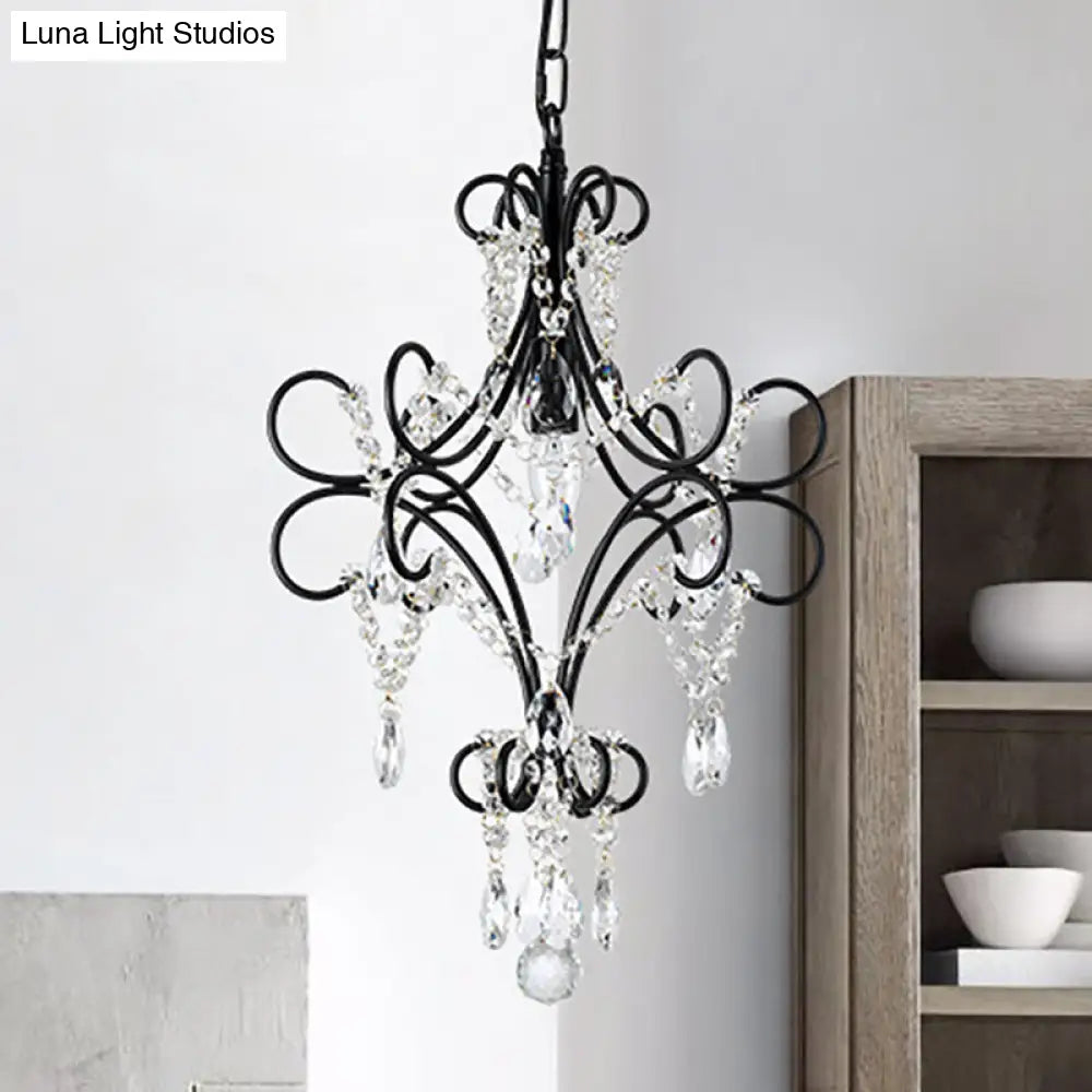 Antique Iron Pendant Light with Black Curve Arm and Crystal Accent - 1 Light Ceiling Fixture