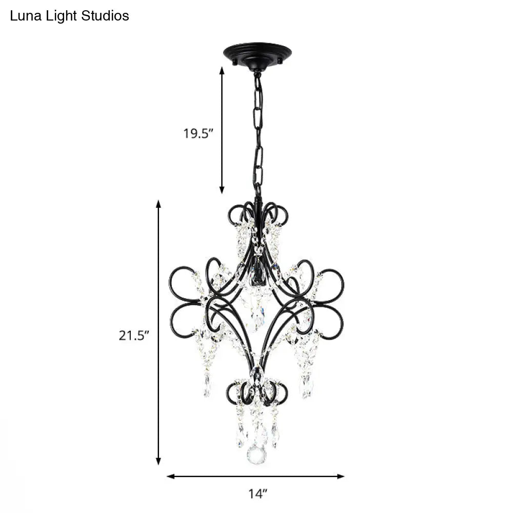 Antique Iron Pendant Light with Black Curve Arm and Crystal Accent - 1 Light Ceiling Fixture