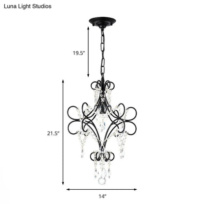 Antique Iron Pendant Light with Black Curve Arm and Crystal Accent - 1 Light Ceiling Fixture