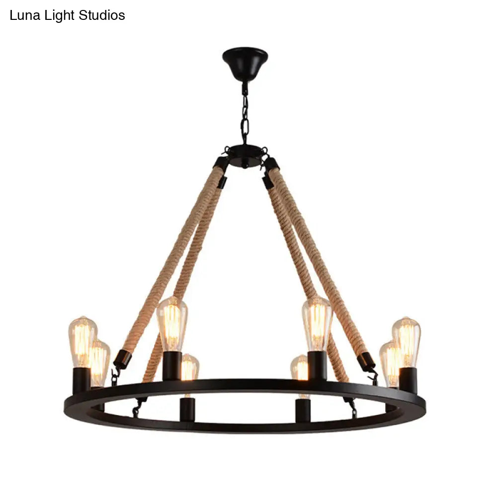 Antique Iron Ring Chandelier: Matte Black Pendant Light with Hemp Rope for Restaurants