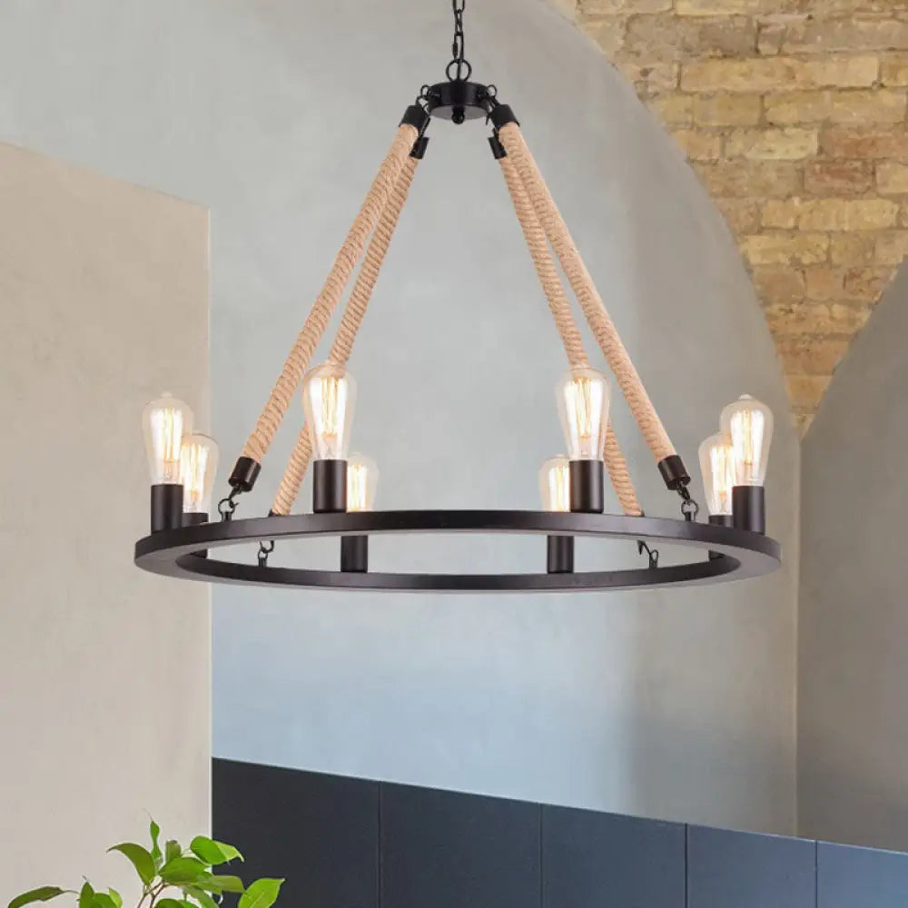 Antique Iron Ring Chandelier: Matte Black Pendant Light with Hemp Rope for Restaurants