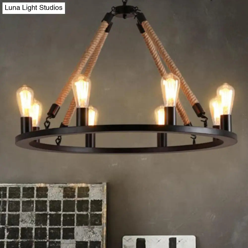 Lámpara de araña antigua de hierro forjado: Lámpara colgante negra mate con cuerda de cáñamo para restaurantes