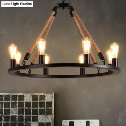 Lámpara de araña antigua de hierro forjado: Lámpara colgante negra mate con cuerda de cáñamo para restaurantes