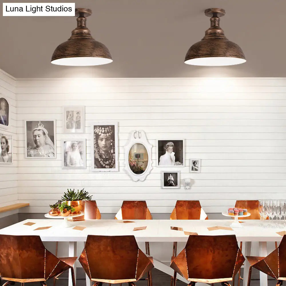 DecorBites™ Antique Iron Semi-Flush Ceiling Light with 1 Head - Bowl Dining Table Rust Ceiling Light Fixture, 11.5"/16" Diameter