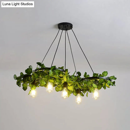 Antique Iron Wagon Wheel Chandelier with Green Plant Decor - Ideal for Restaurant Ceiling Lighting