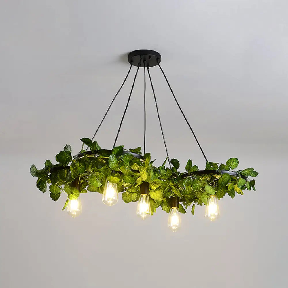 Antique Iron Wagon Wheel Chandelier with Green Plant Decor - Ideal for Restaurant Ceiling Lighting