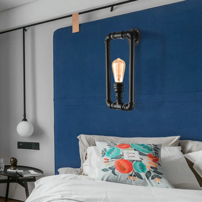 Lámpara de pared antigua de hierro - Elegante aplique rectangular de tubo negro/óxido para dormitorio