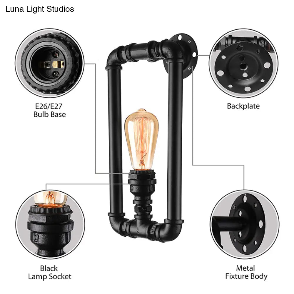 Lámpara de pared antigua de hierro - Elegante aplique rectangular de tubo negro/óxido para dormitorio