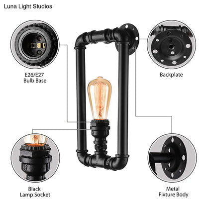 Lámpara de pared antigua de hierro - Elegante aplique rectangular de tubo negro/óxido para dormitorio