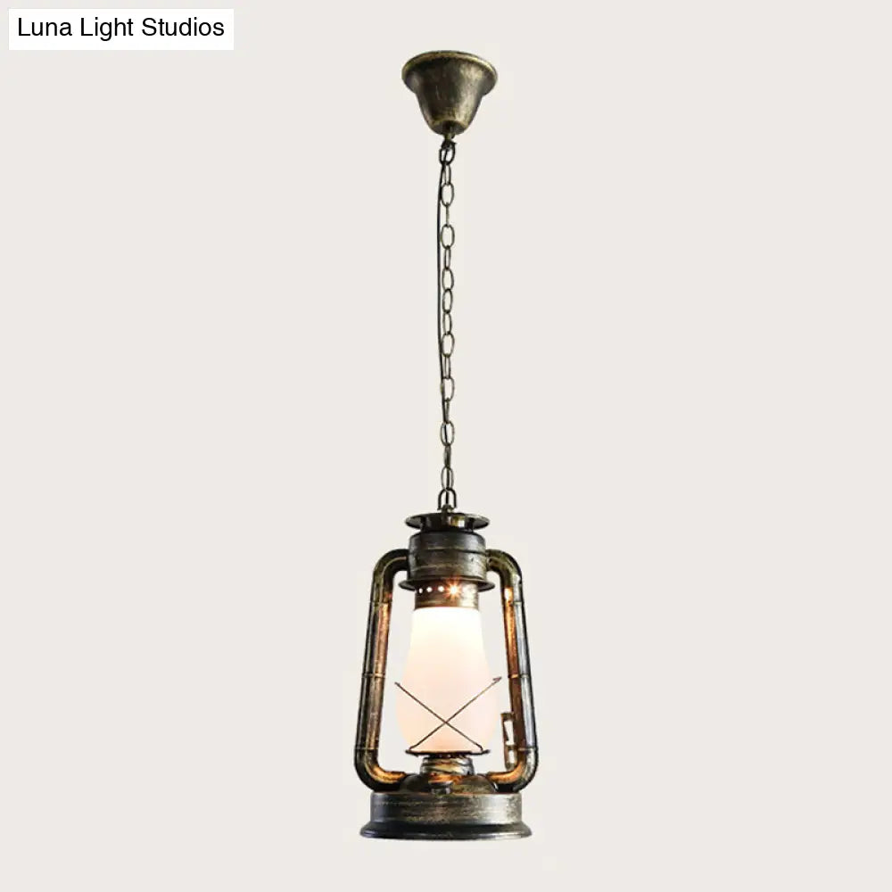 Antique Lantern Kerosene Hanging Light Fixture with Frosted Glass - Bedside Lighting