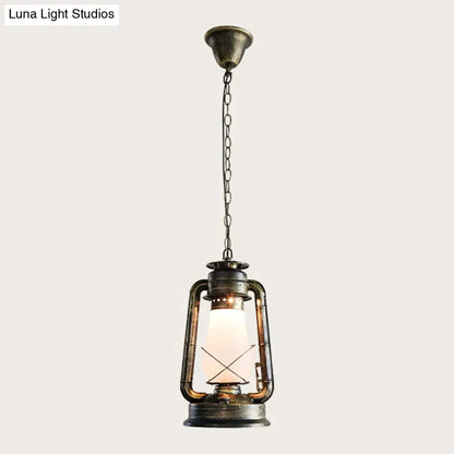 Antique Lantern Kerosene Hanging Light Fixture with Frosted Glass - Bedside Lighting