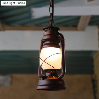 Antique Lantern Kerosene Hanging Light Fixture with Frosted Glass - Bedside Lighting