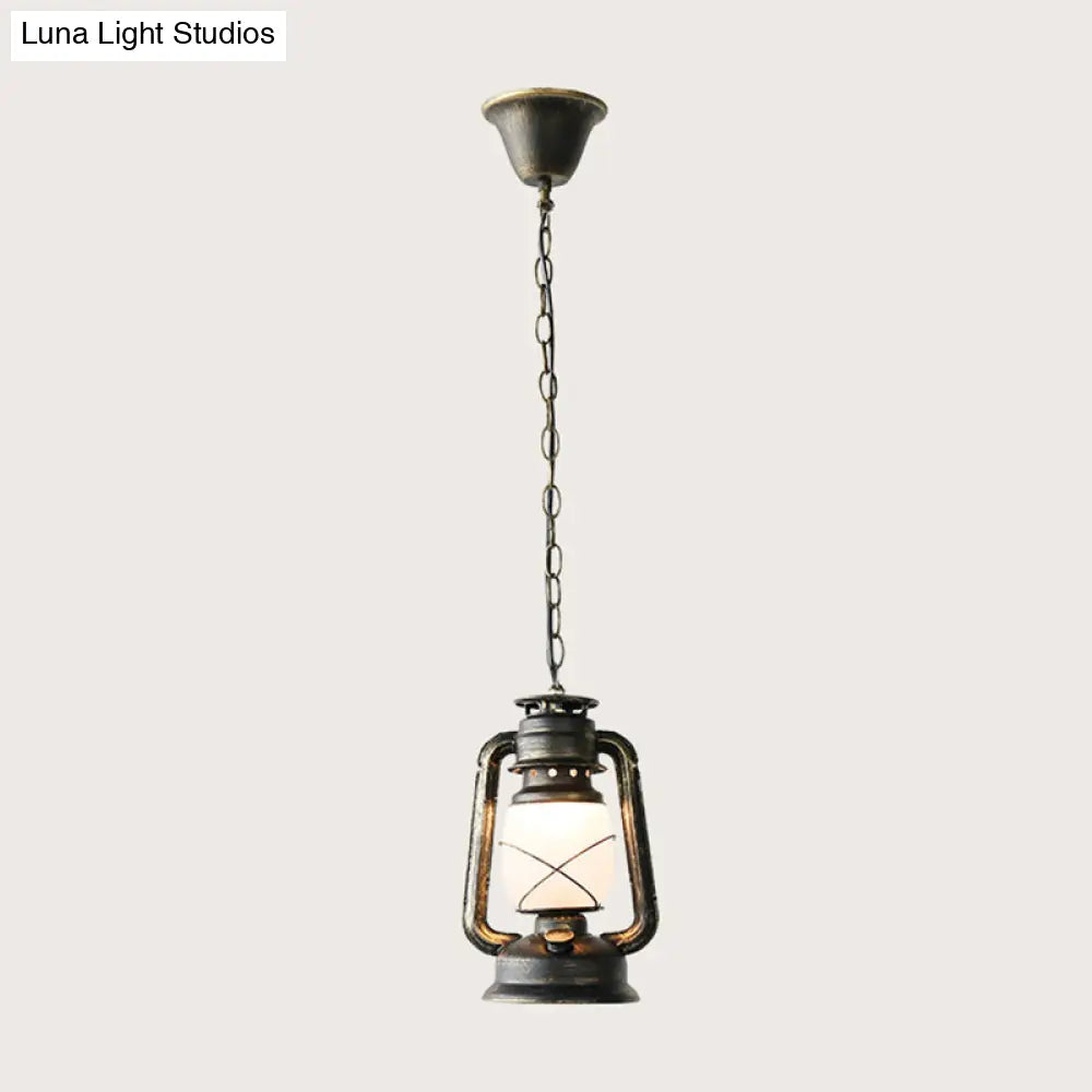 Antique Lantern Kerosene Hanging Light Fixture with Frosted Glass - Bedside Lighting