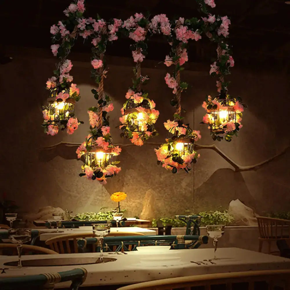 Decorbites antique metal island chandelier with 5 light pink cherry blossom pendant ceiling lights on vine cord